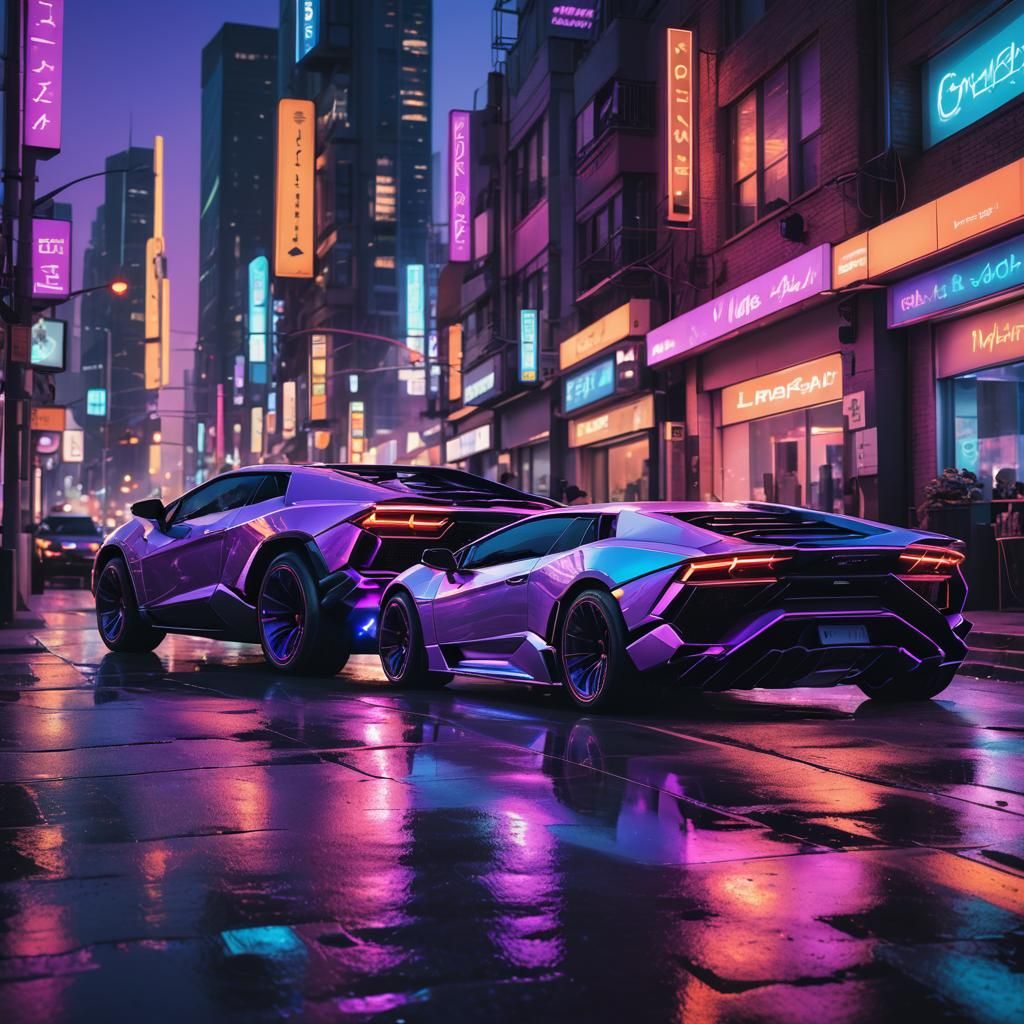 Neon-Lit Lambo and Cybertruck in Futuristic Cityscape