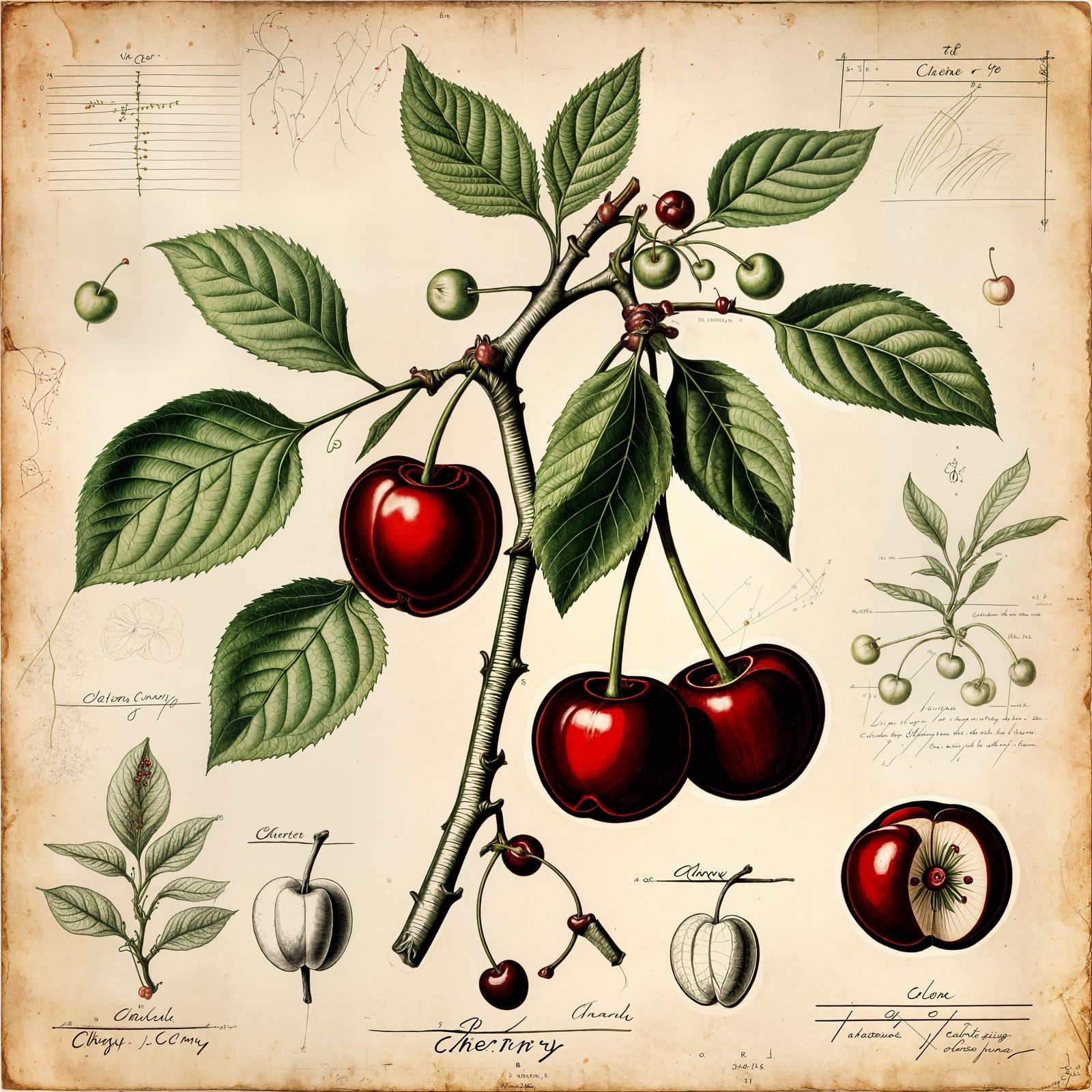 Vintage Botanical Sketch of Cherries on Vine