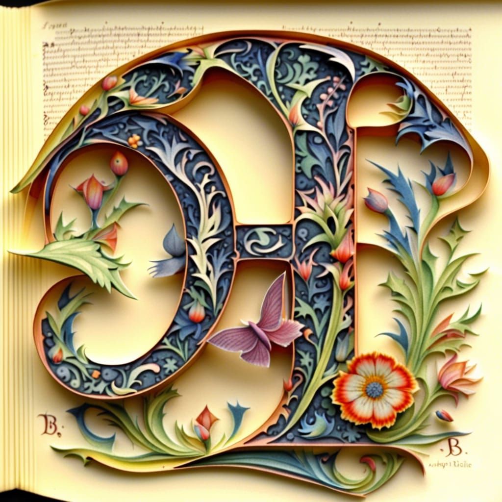 Gothic Letter B with Birds and Flowers Watercolor