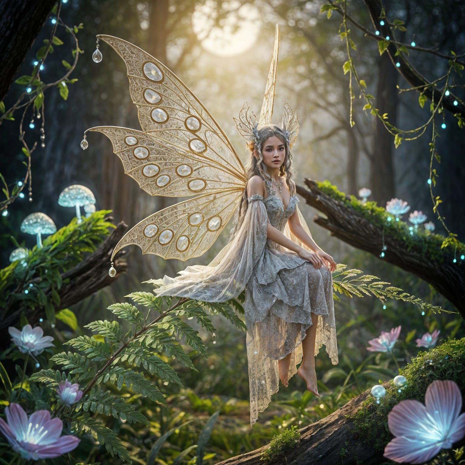 Elegant Fairy with Filigree Wings in Gauze