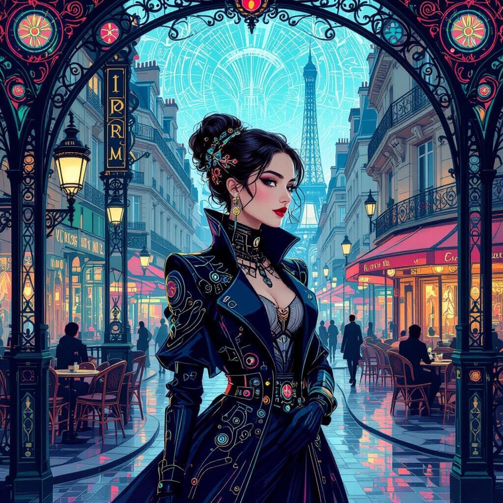 Futuristic Parisian Woman in Retro-Futuristic Art Nouveau