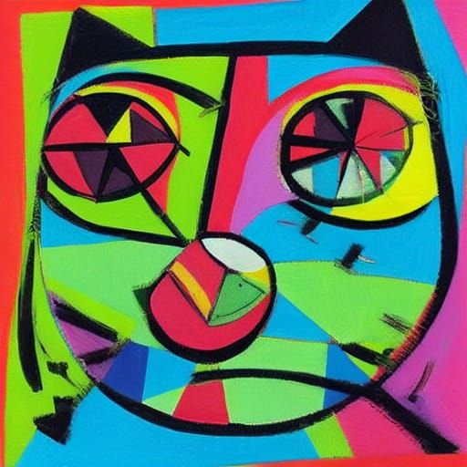 cat, abstract painting, geometric pattern, cubist body, asym...