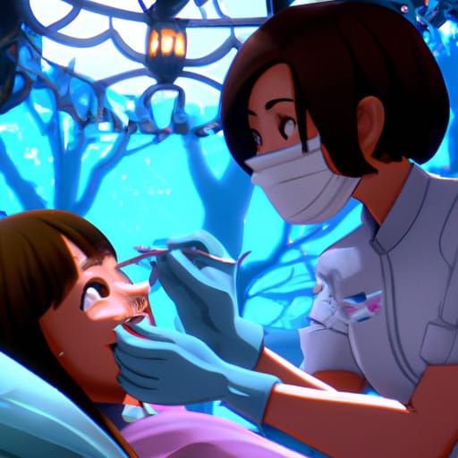 Dentist Examines Girl's Teeth in Anime Style