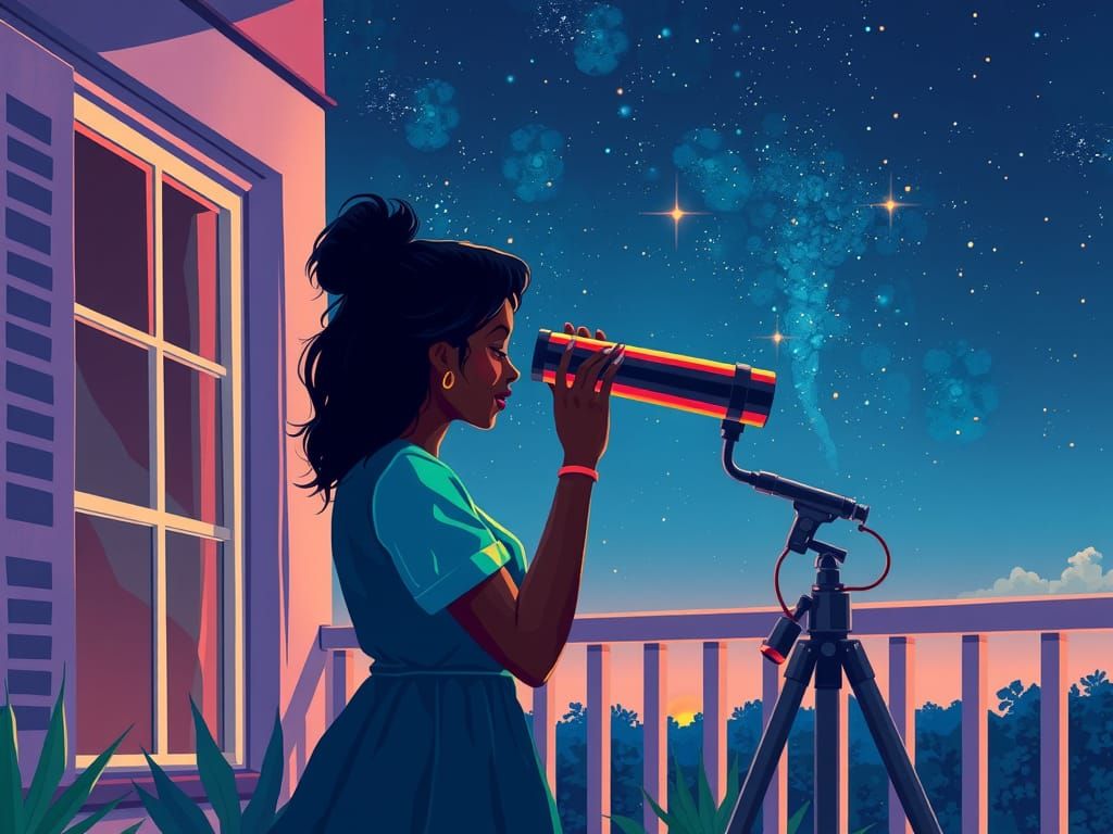 Woman with Telescope Under Pastel Starry Sky