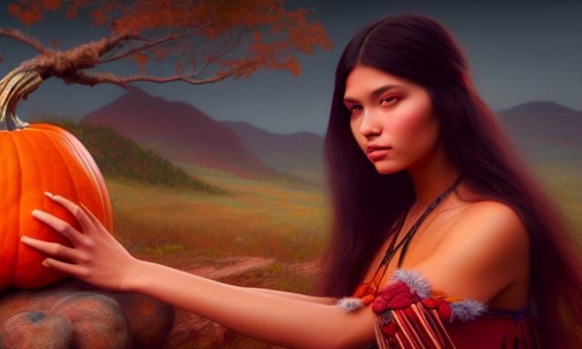 Cherokee Girl with Pumpkin in Mountain Landscape