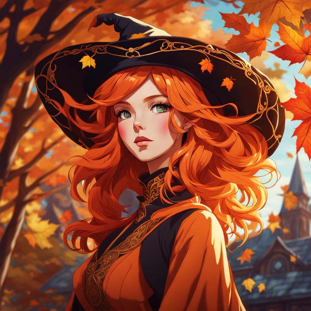 Anime Witch with Orange Hair in Autumn