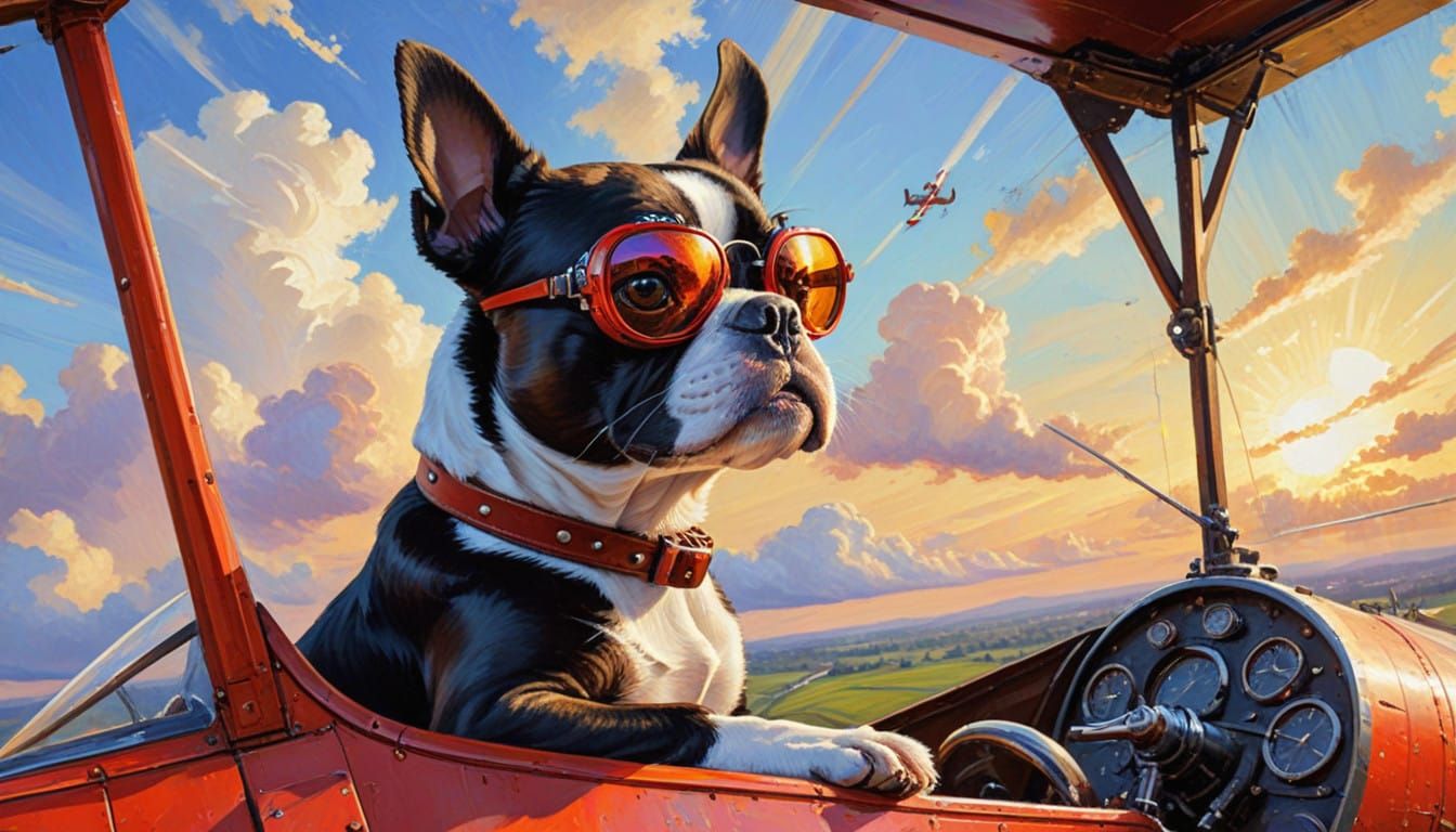 Boston Terrier Flying Vintage Biplane in a Ray of Sunlight