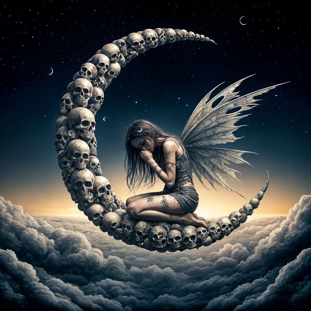 Skull Crescent Moon with Fairy: 3D Fantasy Art