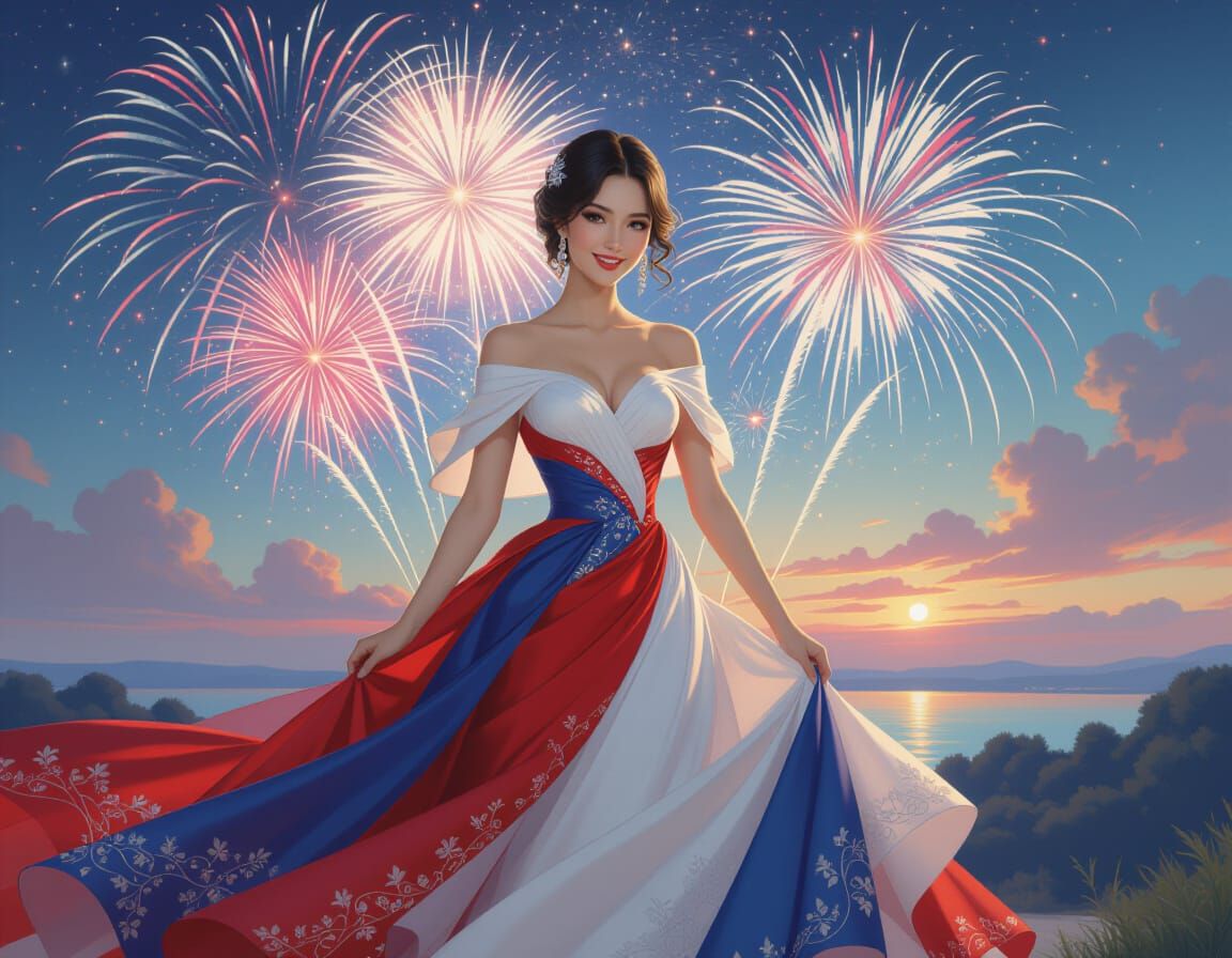 Elegant Woman with Fireworks: A Digital Painting