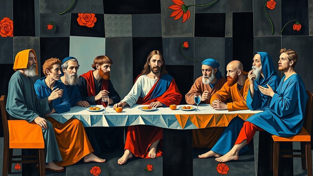Cubist Last Supper with Geometric Forms and Vivid Colors