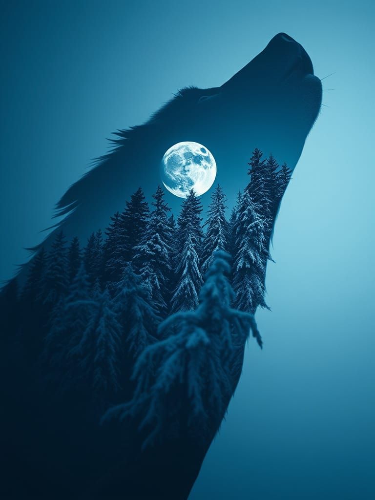 Surreal Wolf Silhouette Filled With Snowy Forest and Full Mo...