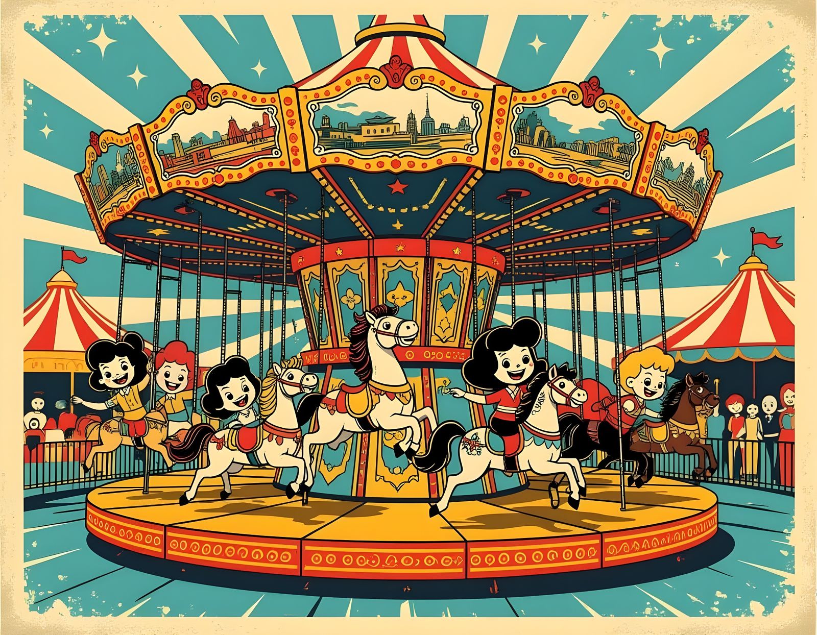 Retro Comic Carousel in Vintage Cartoon Style