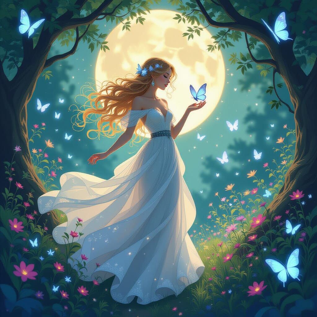 Celestial Maiden in Glowing Grove, Art Nouveau Style