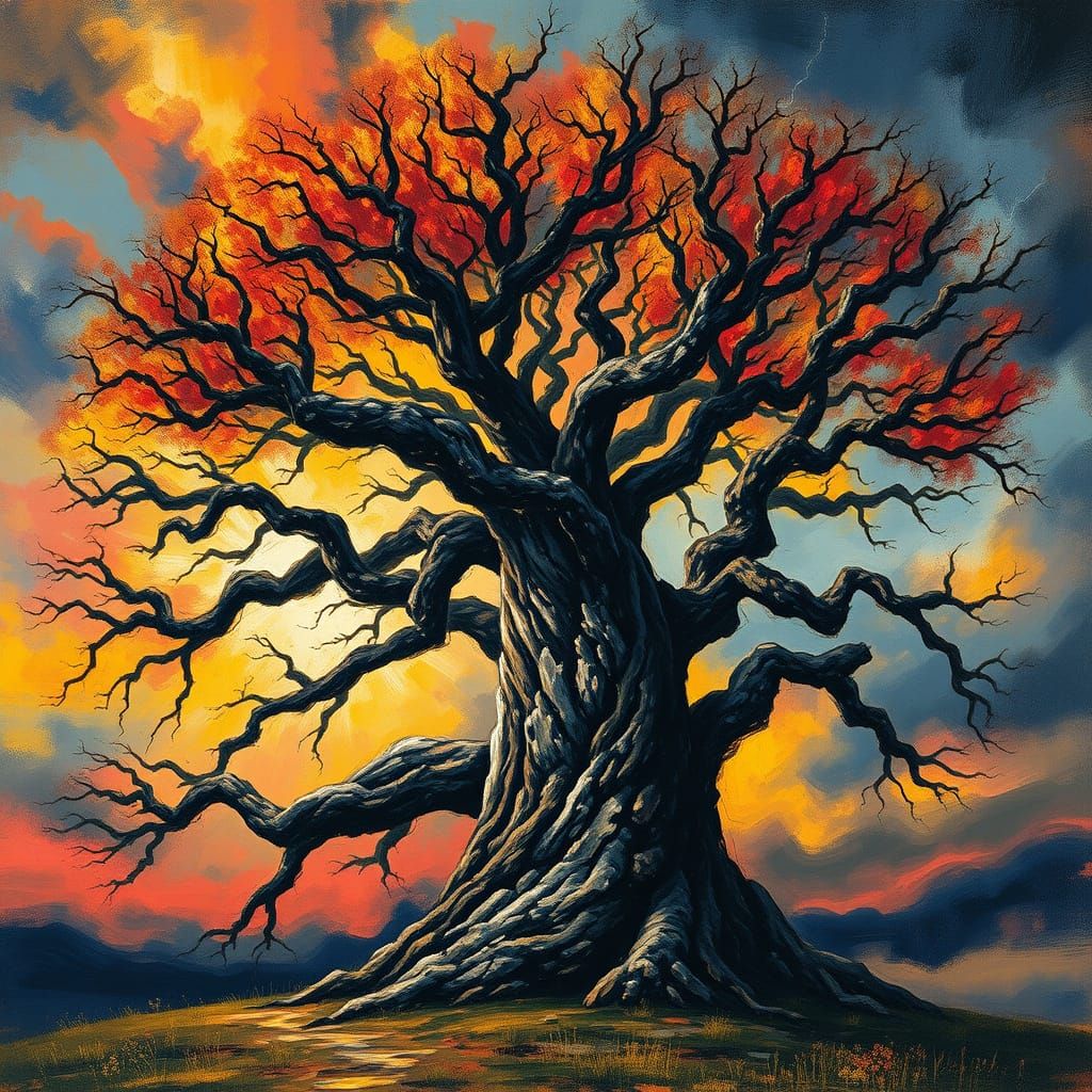 Ancient Tree Against Stormy Sky in Abstract Expressionism
