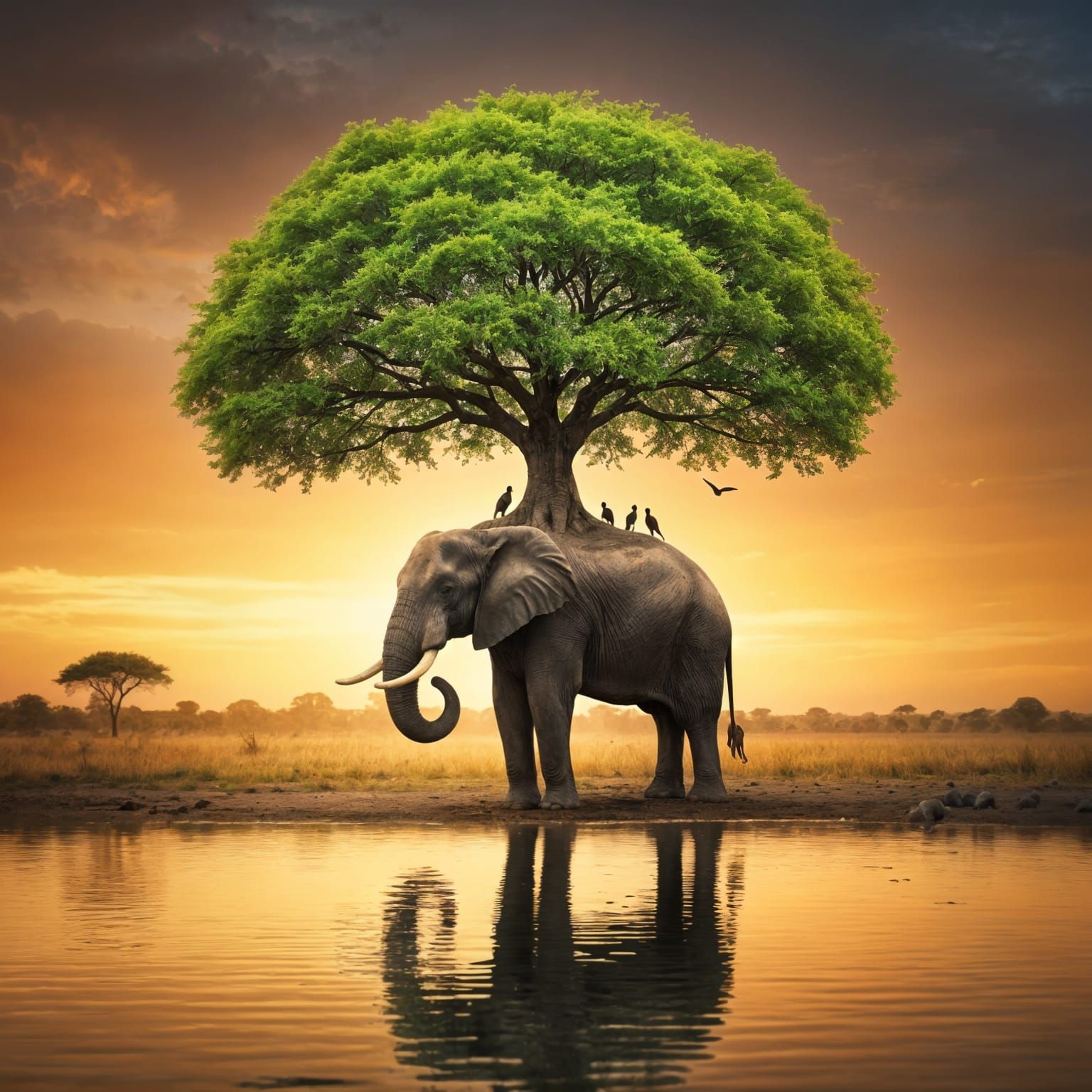 Elephant Tree Sunset: An African Golden Hour