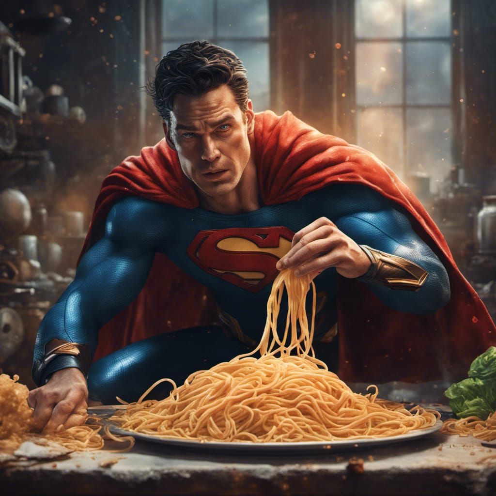 Superman eating spaghetti