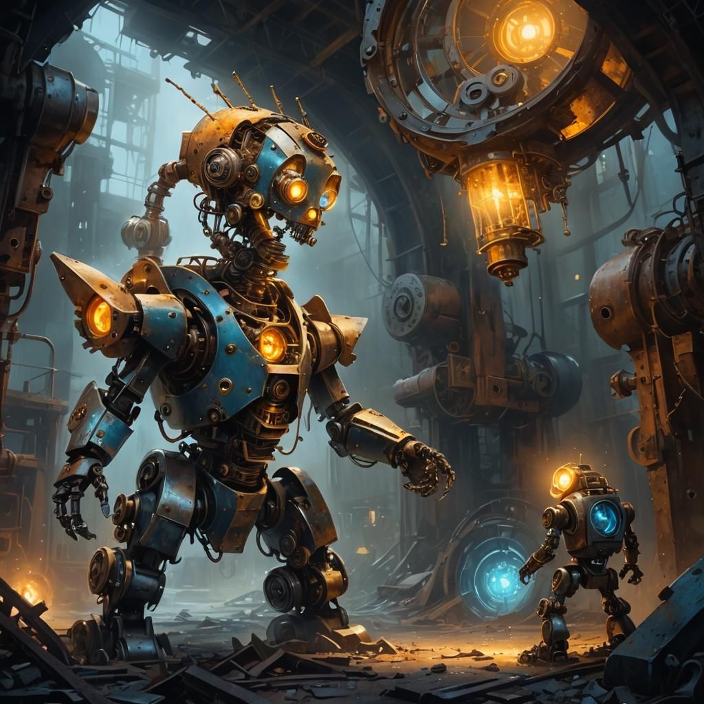 Steampunk Robot in Abandoned Factory: Retro-Futuristic Digit...