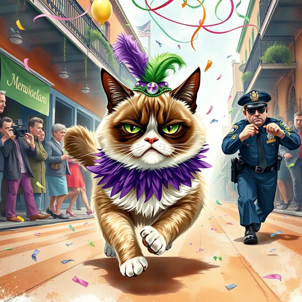 Mardi Gras Grumpy Cat in a Hilarious Chase Scene