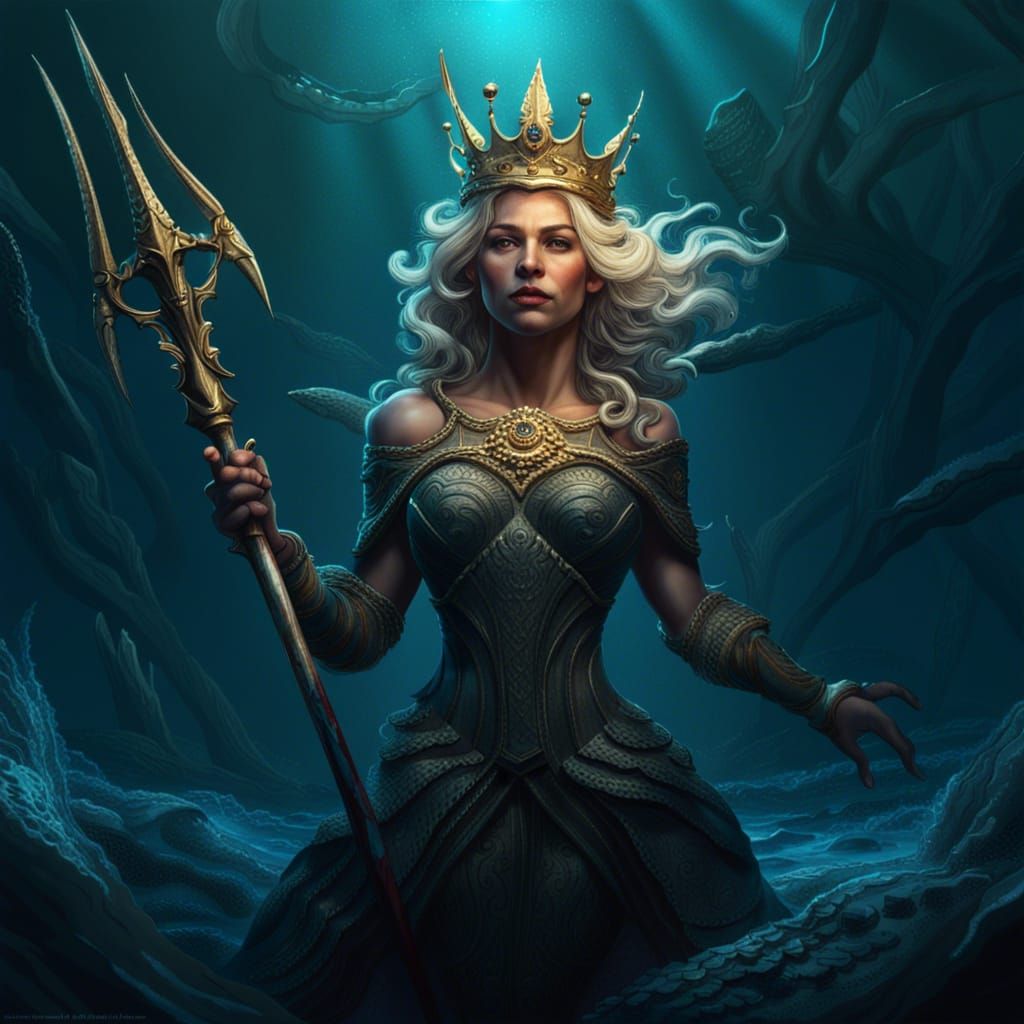 Blond Ocean Queen with Trident, Dark Fantasy Art