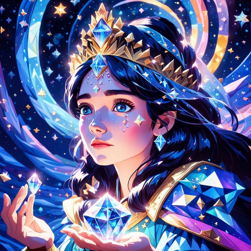 Celestial Princess with Glowing Crystal in Oil Painting