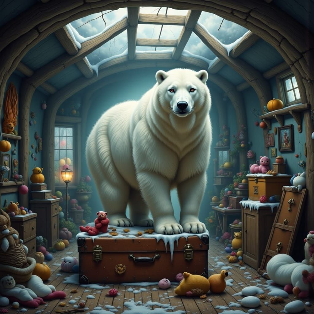 Majestic Polar Bear Surrounded by Forgotten Treasures in Moo...