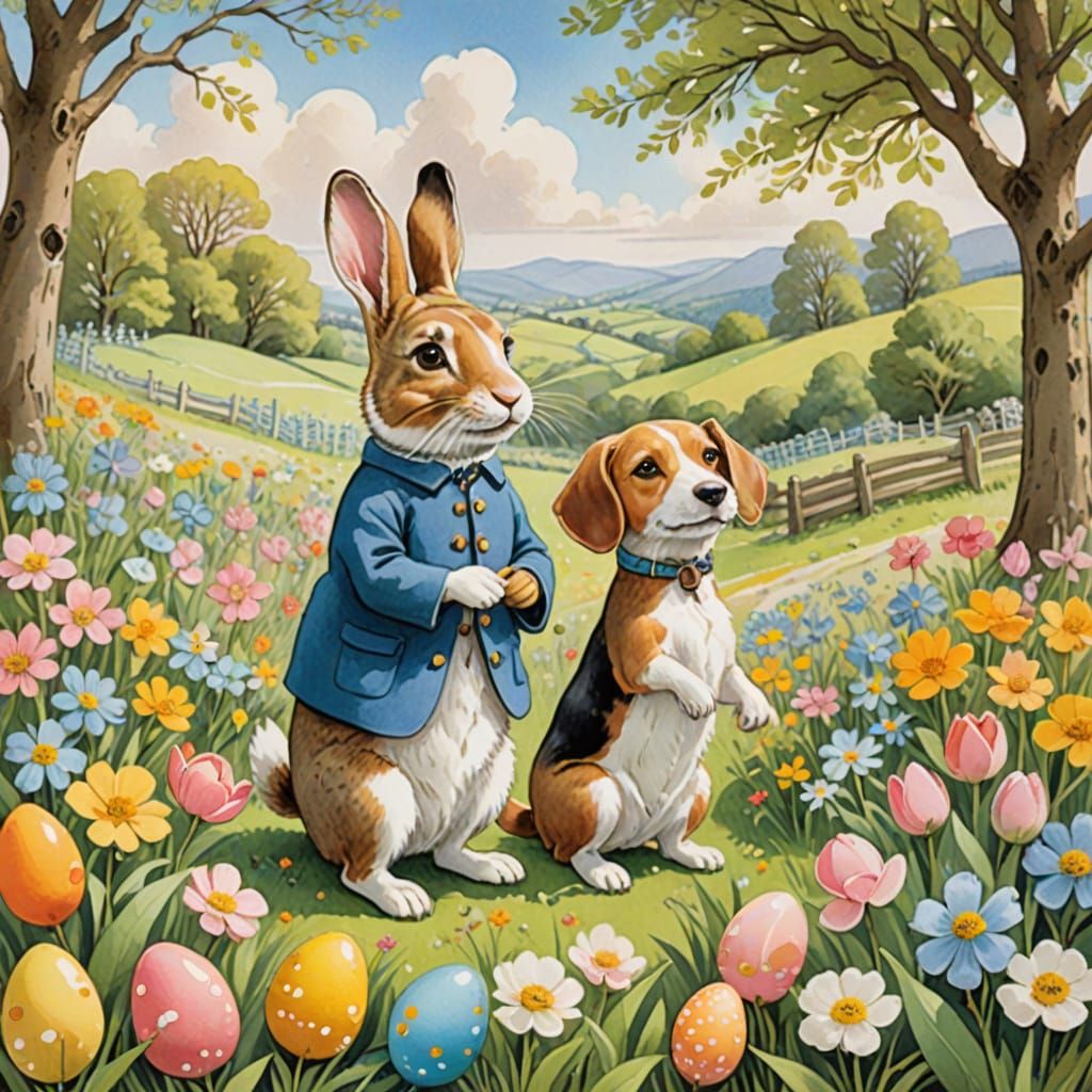Whimsical Easter Scene in Gouache Style