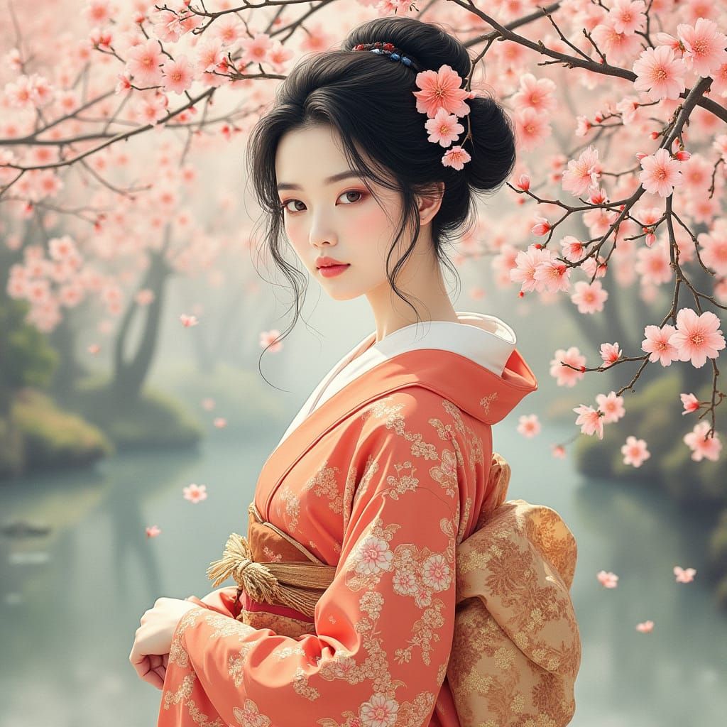 Japanese Beauty in a Tranquil Sakura Garden