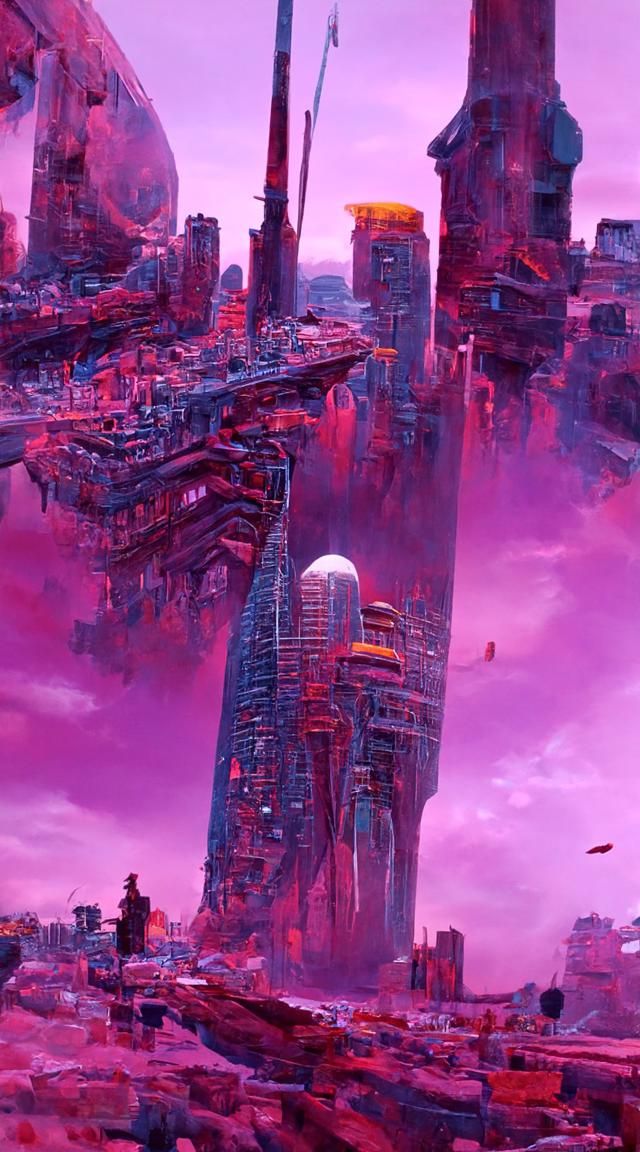 Aetherpunk Cityscape in Psychedelic Sci-Fi Style
