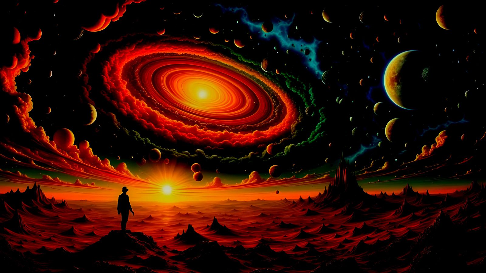 Surreal Spaceship Scene with Moon, Sun, and Corona