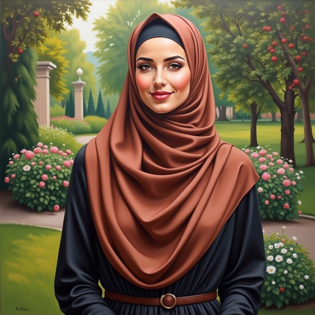 Beautiful Hijabi Woman in Garden: Oil Painting Style