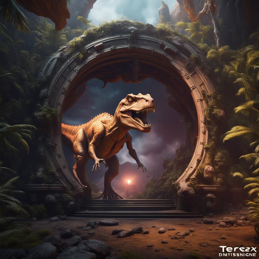Dimensional Portal Reveals a T-Rex in Fantasy Art