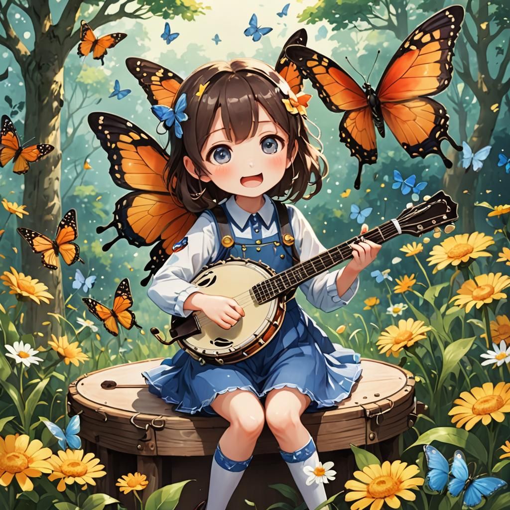 Butterfly Plays Banjo in Anime Style