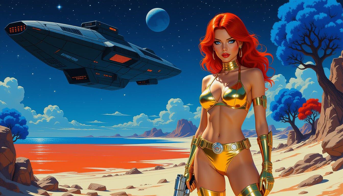Astronaut in Golden Bikini on Alien World with Starship