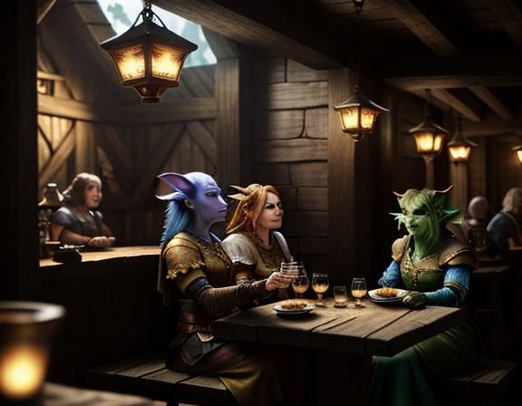 Goblin Cocktail Party in Rustic Tavern: 3D Game Graphics