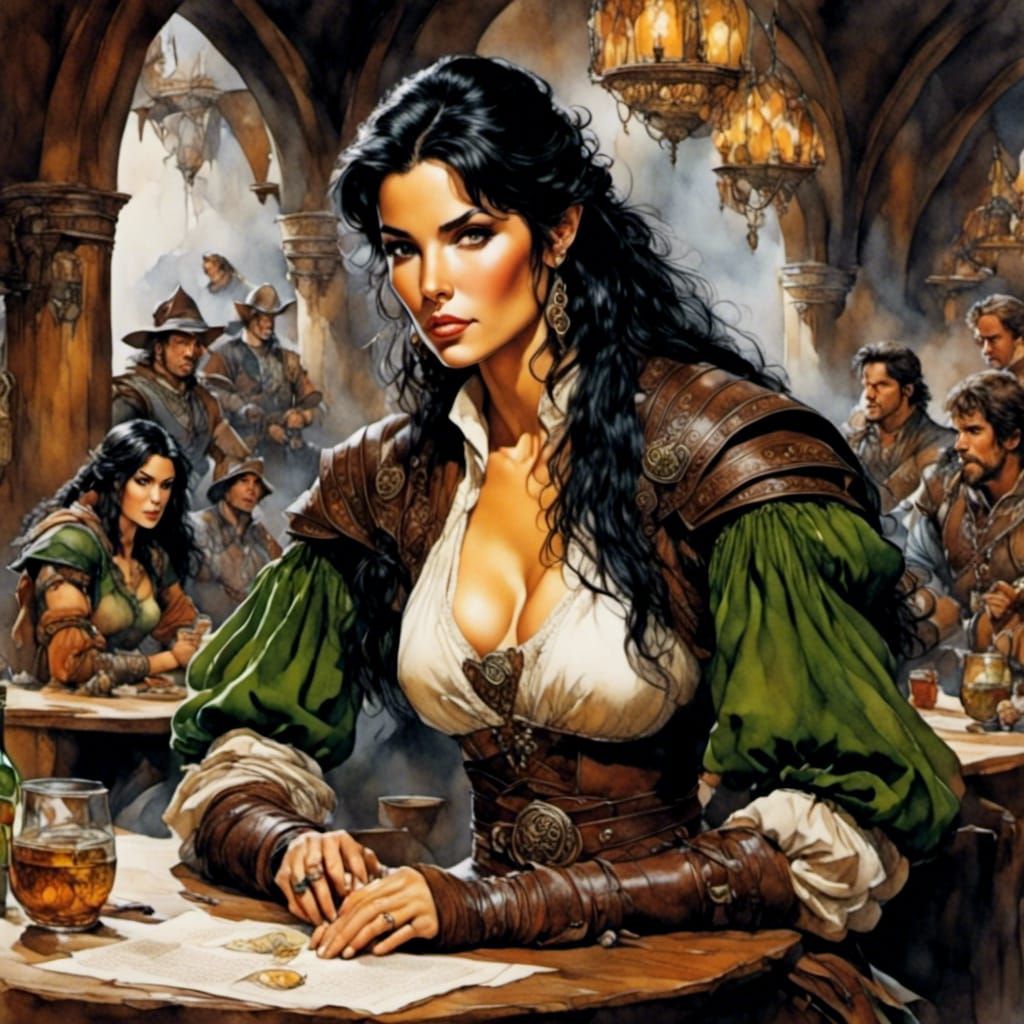 Fantasy Elf Fighter in Tavern, Watercolor Style