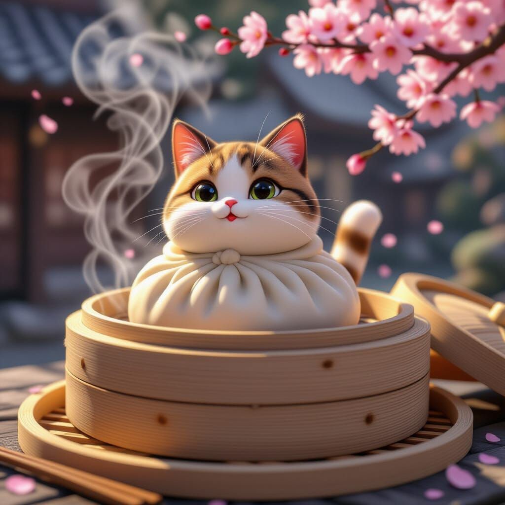 Dumpling Cat in Steamer with Cherry Blossom, Anime Art