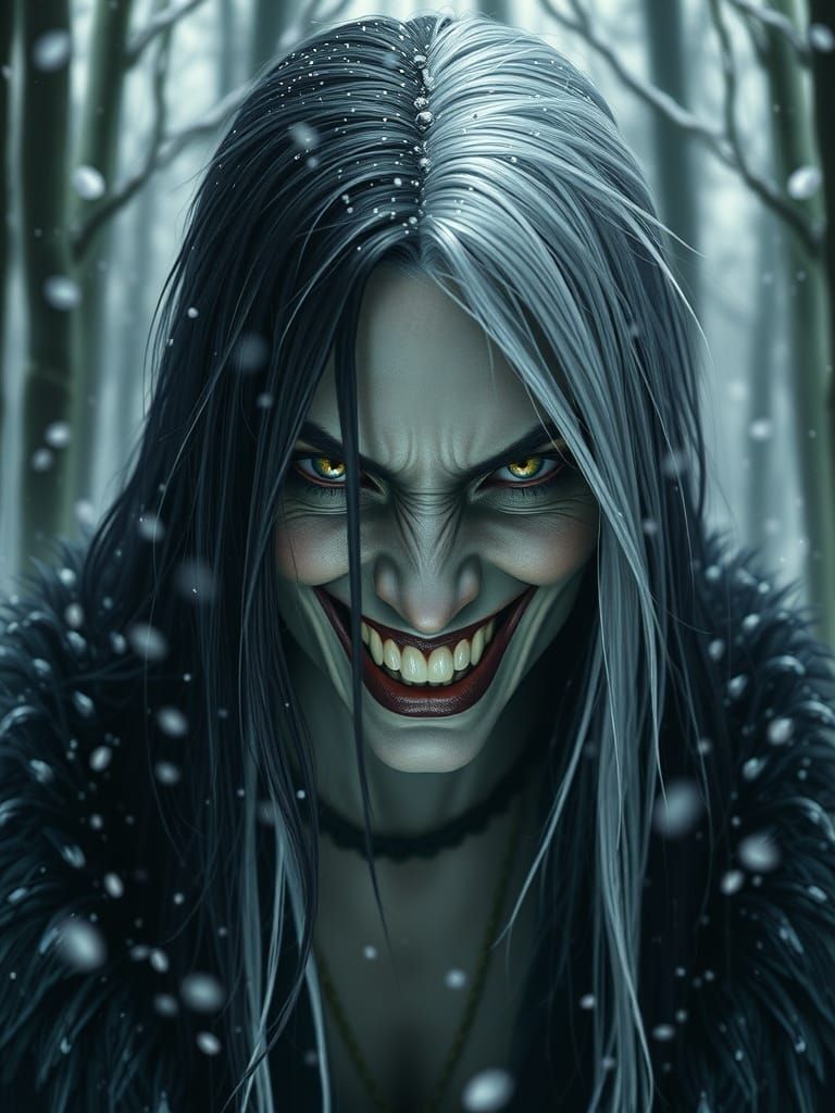 Hyperrealistic Cruella Portrait in Winter Forest