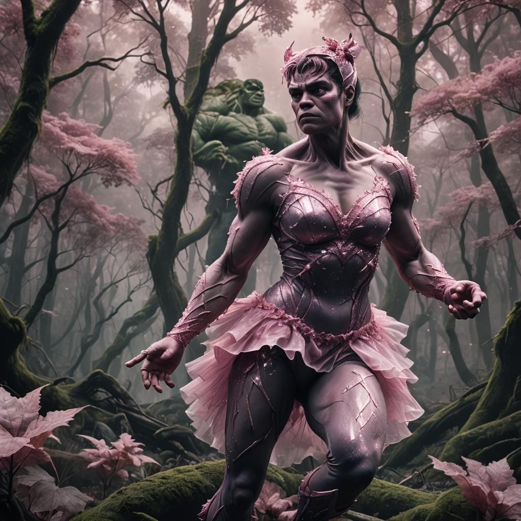 Hulk in Pink Ballerina Outfit, Hyperrealistic Digital Art