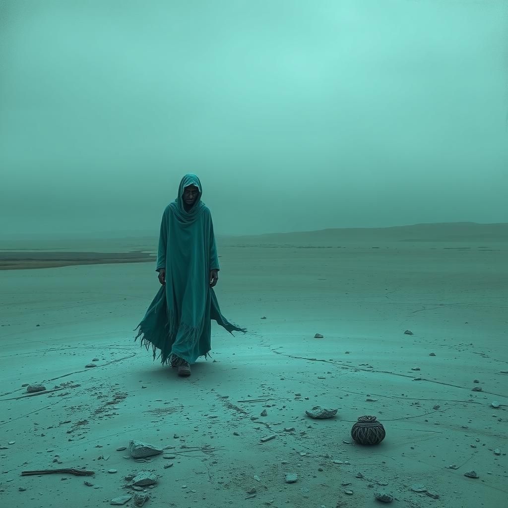 Surreal Turquoise Wanderer in Post-Apocalyptic Landscape