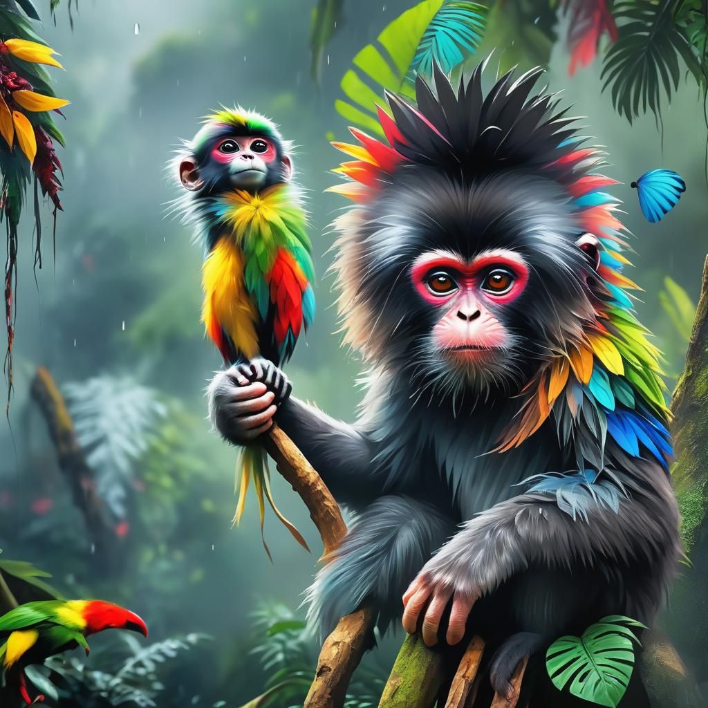 Fluffy Monkey and Macaw in Misty Rainforest