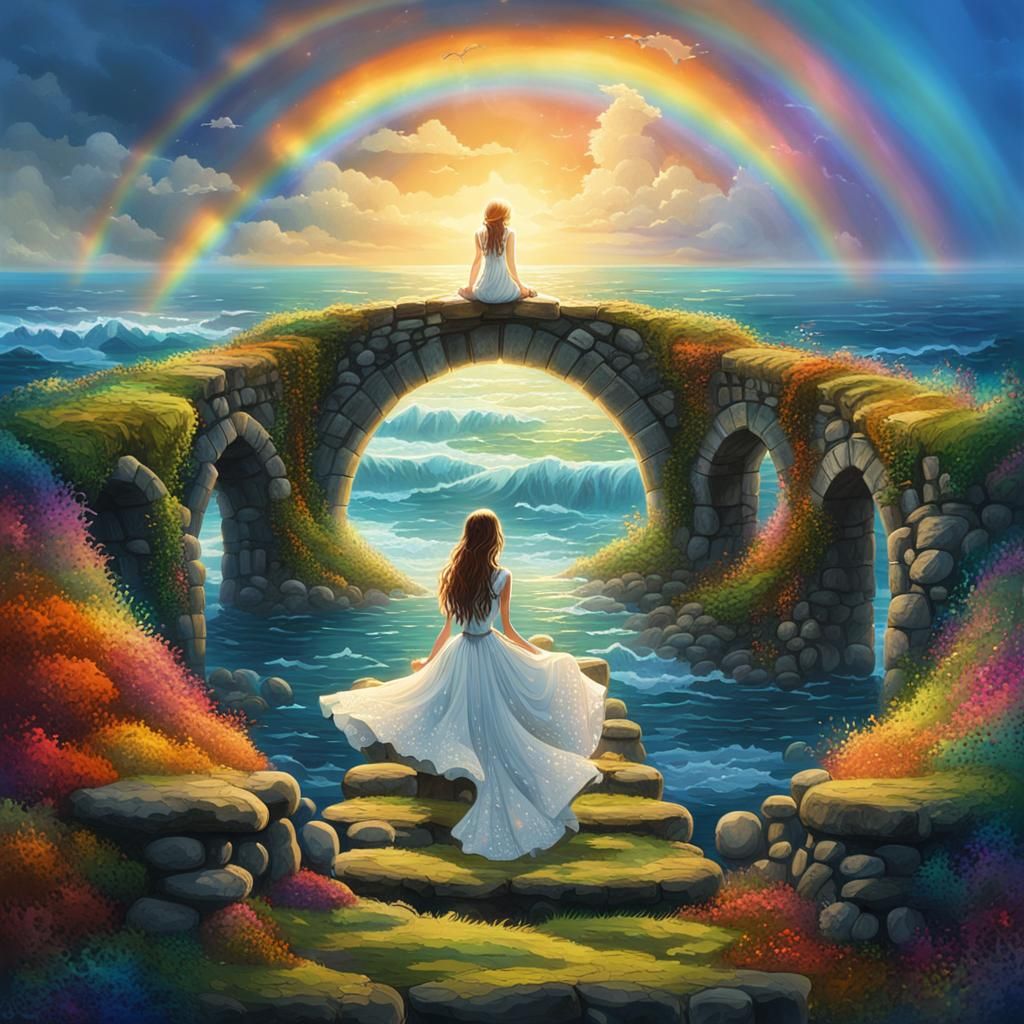 Fantasy Girl on Moss-Covered Bridge with Rainbow and Ocean i...
