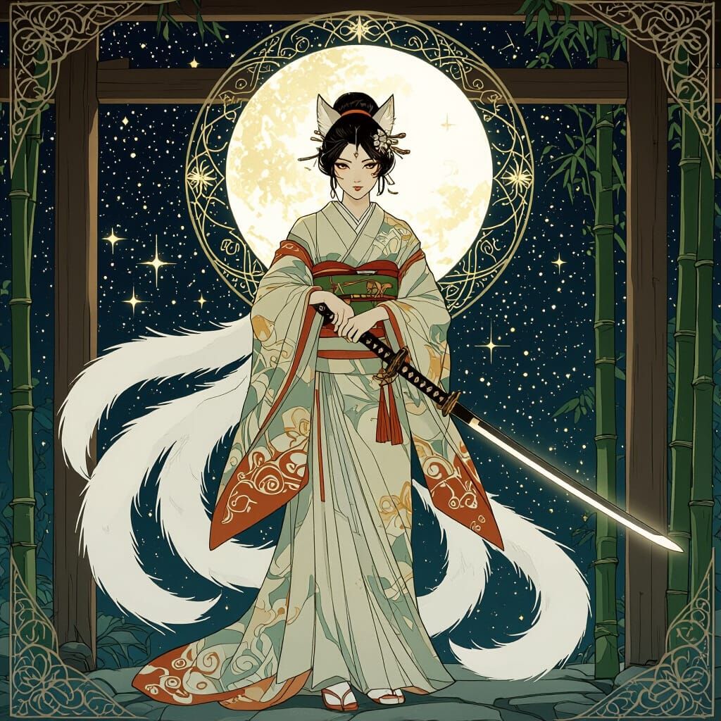 Celestial Kitsune Warrior in Art Nouveau Style