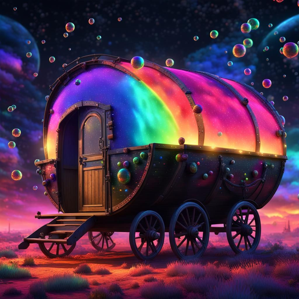 Neon Aurora Over Medieval Caravan, Digital Art