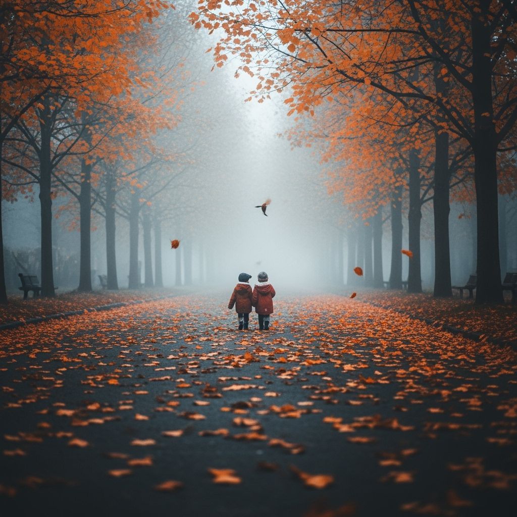 Ethereal Autumn Landscape with Falling Leaves and Starlight