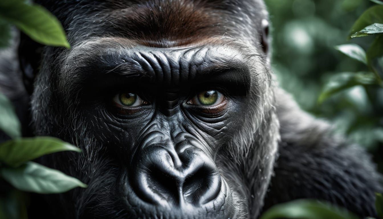 Intense Gorilla Eye Contact Through Green Leaves