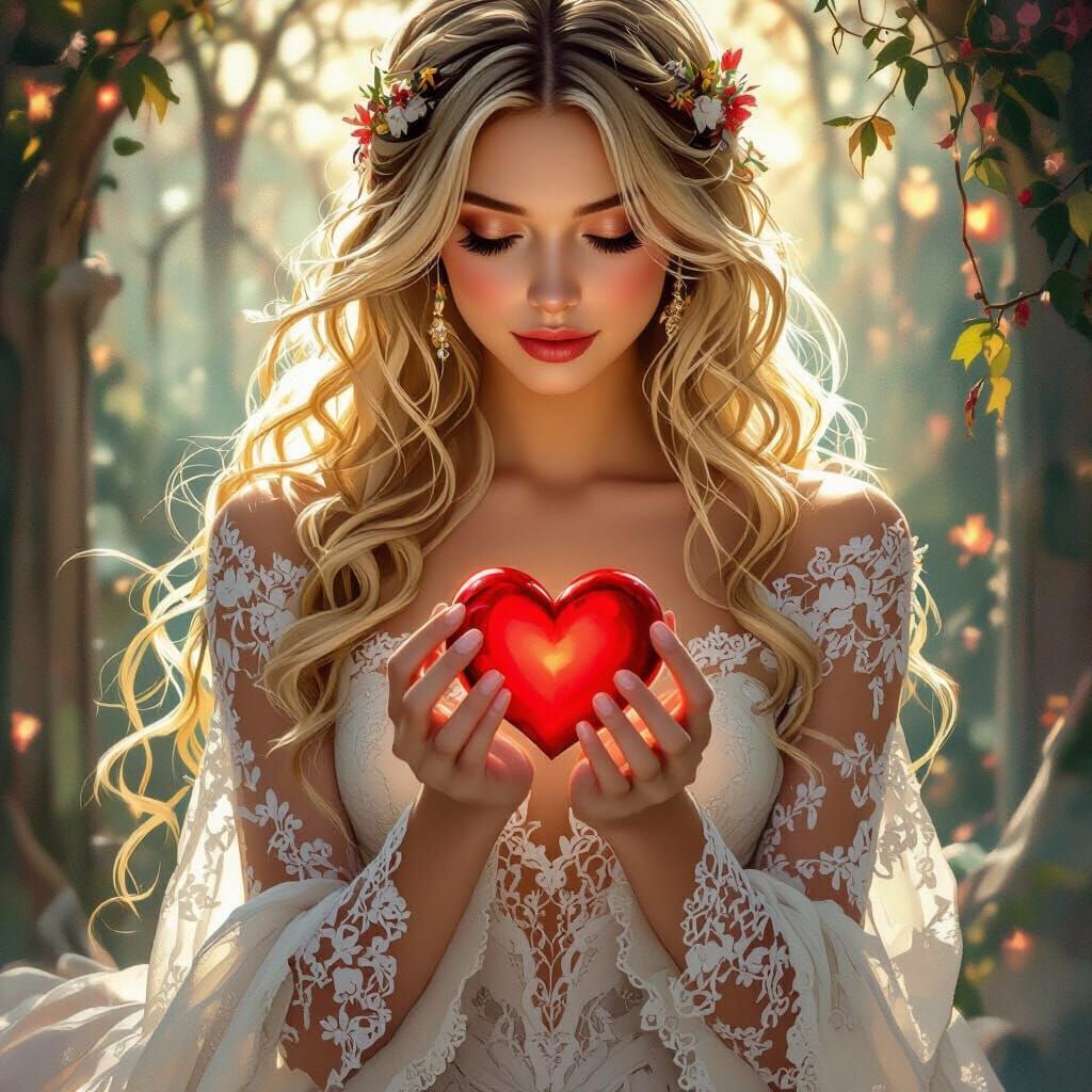 Blonde Woman in Lace Gown Holds Red Heart with Ethereal Glow
