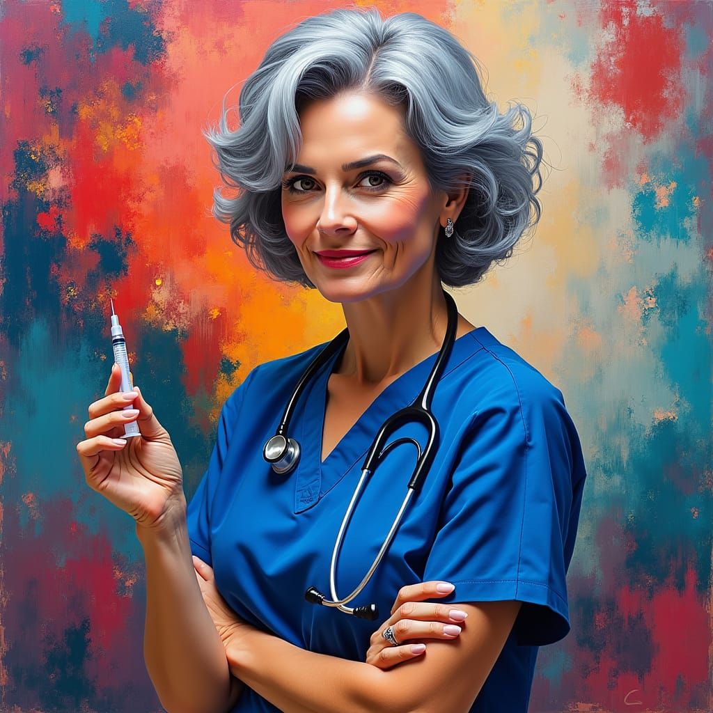 Elegant Woman in Scrubs with Syringe, Abstract Expressionism