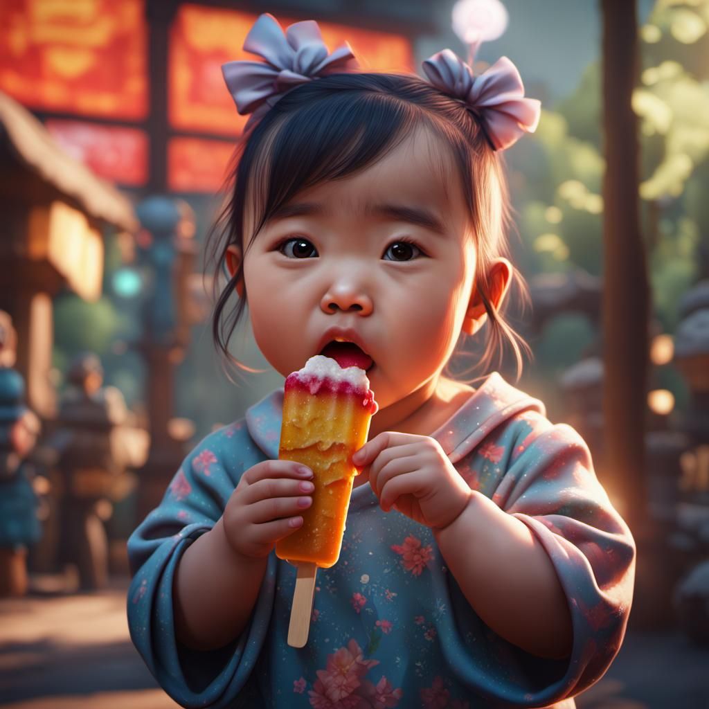 Cute Asian Baby with Popsicle: Detailed Fantasy Art