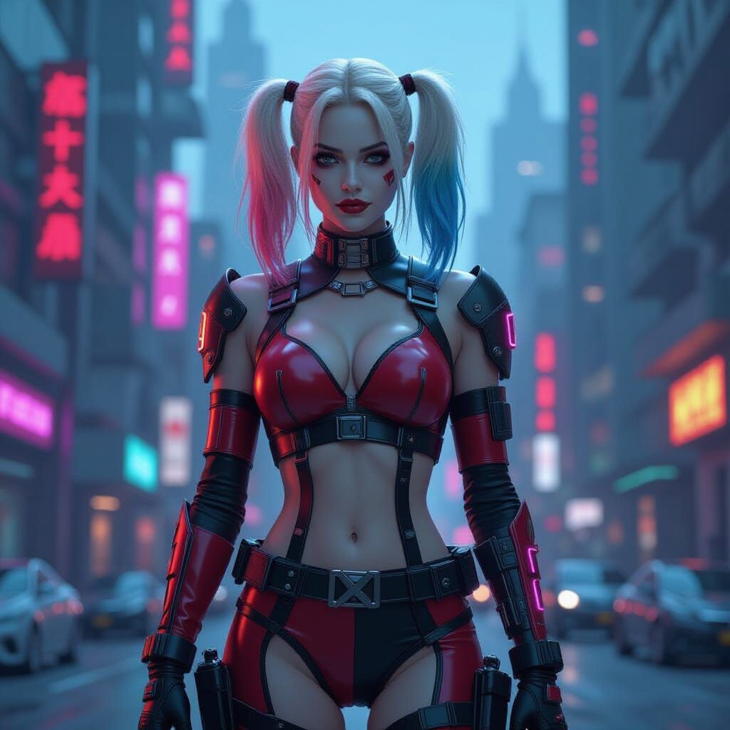 Futuristic Harley Quinn in Cyberpunk Cityscape