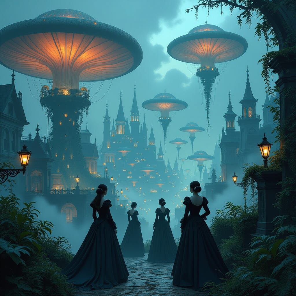 Bioluminescent Victorian Cityscape in Steampunk Biopunk Styl...